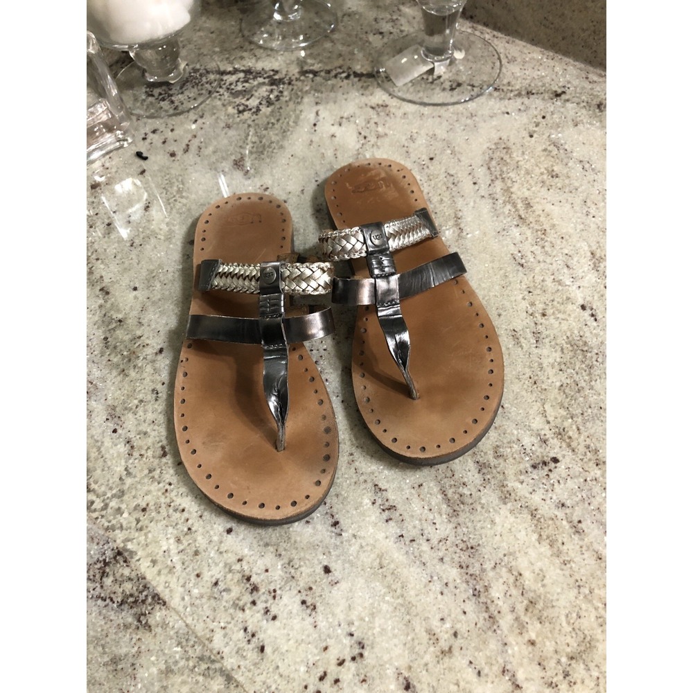 UGG Australia Women Metallic Silver Woven Ankle Wrap Sandals Shoes 7 1011202
